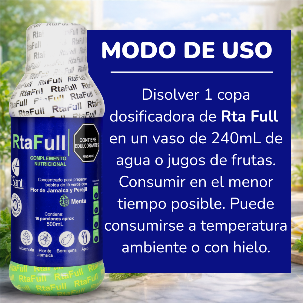 Modo de uso de RtaFull — 30ml en agua, 2-3 veces al día